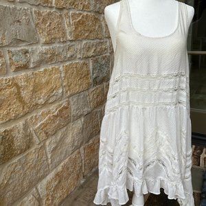Free People Sheer White Flowy Dress with Grey Polka Dots and Lace Pattern Detail